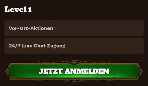 VIP Level 1 Vorteile – Vor-Ort-Aktionen und 24/7 Live-Chat-Zugang mit Anmeldebutton