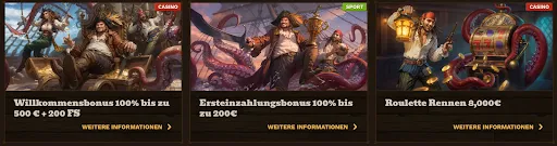 Drei Bonusangebote bei FatPirate – 100 % Willkommensbonus bis 500 € + 200 FS, 100 % Ersteinzahlungsbonus bis 200 €, 8.000 € Roulette Rennen