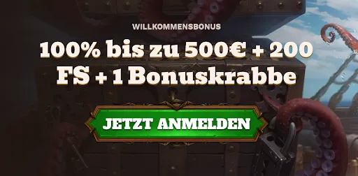 Bonusangebot – 100 % bis zu 500 €, 200 Freispiele und 1 Bonuskrabbe bei FatPirate