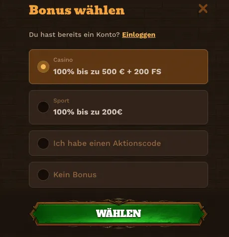 Wähle deinen Bonus bei FatPirate – Casino, Sport, Aktionscode oder kein Bonus Bonusauswahl bei FatPirate – Casino 100 % bis 500 € + 200 Freispiele oder Sportbonus 100 % bis 200 €