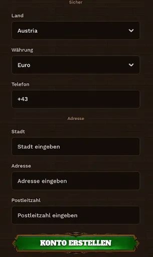 FatPirate Konto erstellen – Land auswählen und Adresse angeben Registrierungsformular bei FatPirate – Land, Währung, Telefonnummer und Adressdaten eingeben