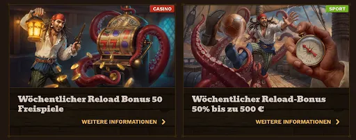 Zwei wöchentliche Reload-Bonusaktionen bei FatPirate – 50 Freispiele für Casino und 50 % Bonus bis 500 € für Sport