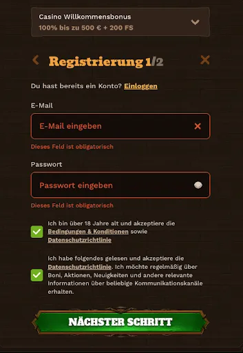 Konto erstellen bei FatPirate – Bonus wählen und Registrierung starten Registrierungsformular bei FatPirate – Schritt 1 mit Bonusauswahl, E-Mail- und Passwortfeldern