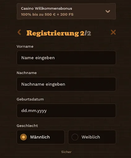 FatPirate Registrierung – Persönliche Daten im Schritt 2 eingeben Zweiter Schritt der Registrierung bei FatPirate – Name, Nachname, Geburtsdatum und Geschlecht eingeben