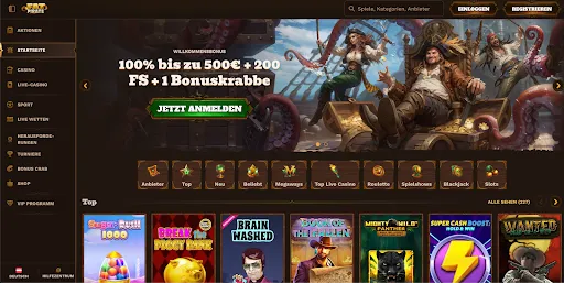 Startseite des FatPirate Casinos mit Willkommensbonus und Piratenmotiv
